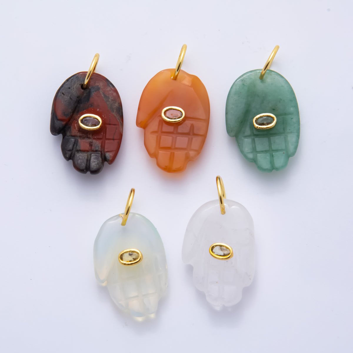 18K Gold Filled 34mm Opal, Ruffle, Carnelian Sacred Hand Palm All - seeing Eye Carving Hand Gemstone Charm | AH887 - AH889 - DLUXCA