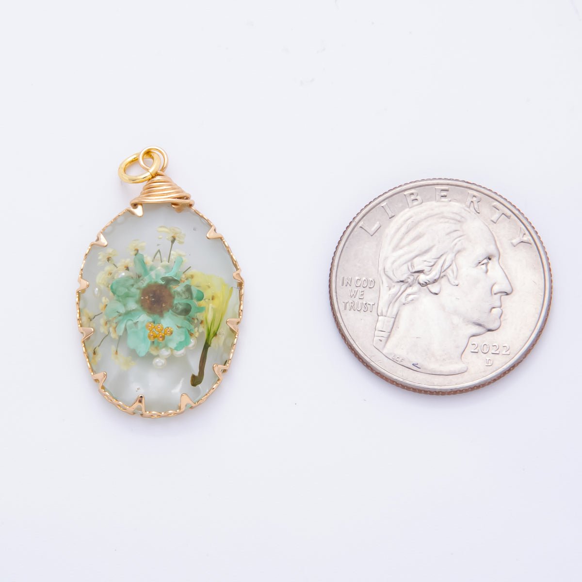 18K Gold Filled 34mm Resin Oval Dreamy Flower Charm | AH854 AH855 - DLUXCA