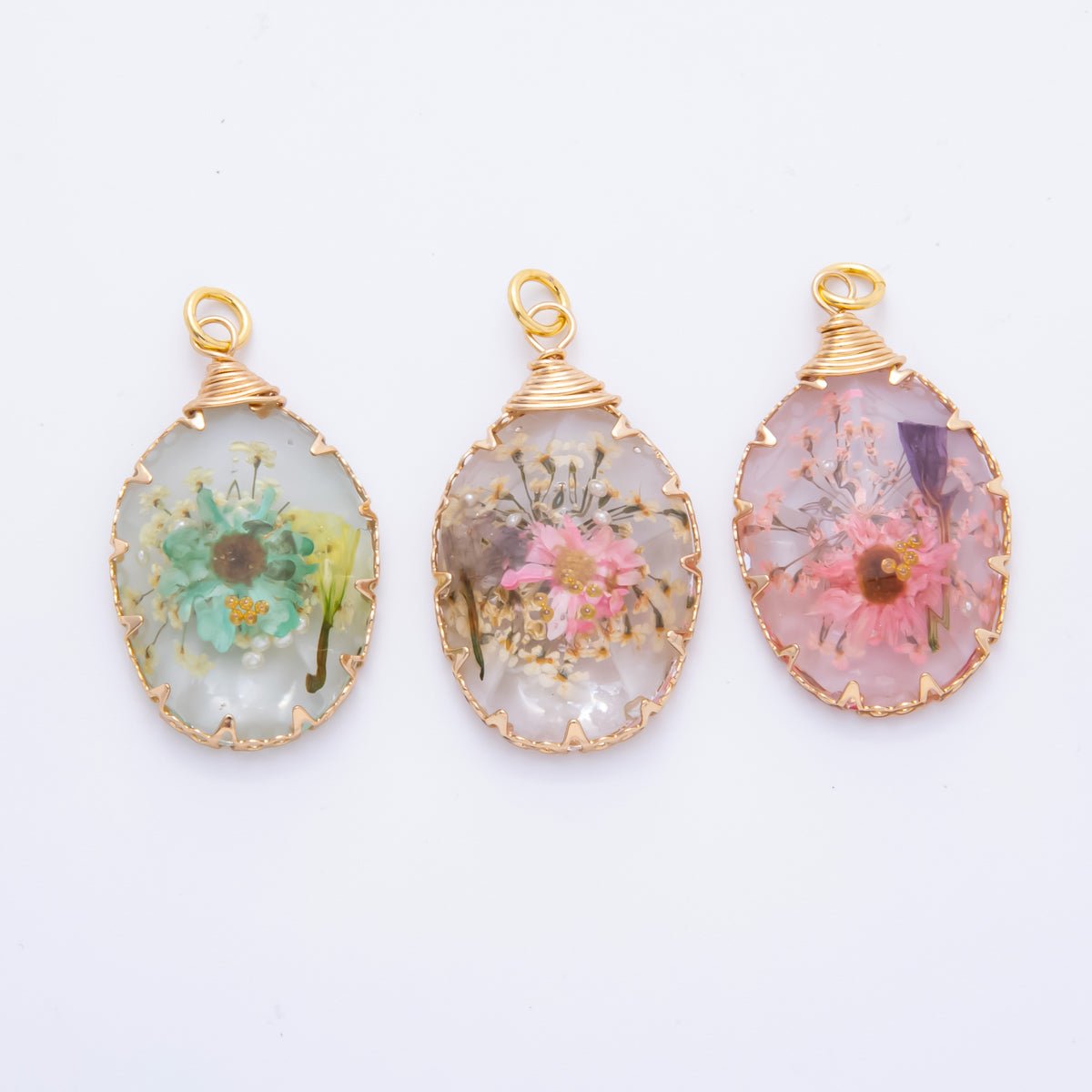 18K Gold Filled 34mm Resin Oval Dreamy Flower Charm | AH854 AH855 - DLUXCA