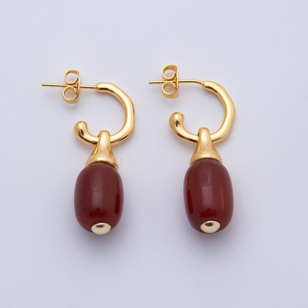 18K Gold Filled 35.5mm Bloody Red Gemstone Oval Drop C - Shaped Hoop Earrings | AD1586 - DLUXCA
