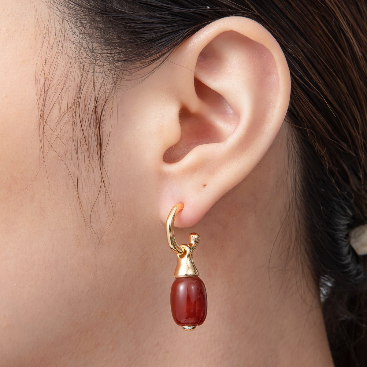 18K Gold Filled 35.5mm Bloody Red Gemstone Oval Drop C - Shaped Hoop Earrings | AD1586 - DLUXCA