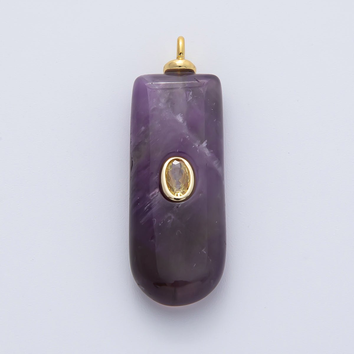 18K Gold Filled 35mm Ellipse Purple Amethyst with Clear CZ Natural Gemstone Pendant | AF1445 - DLUXCA