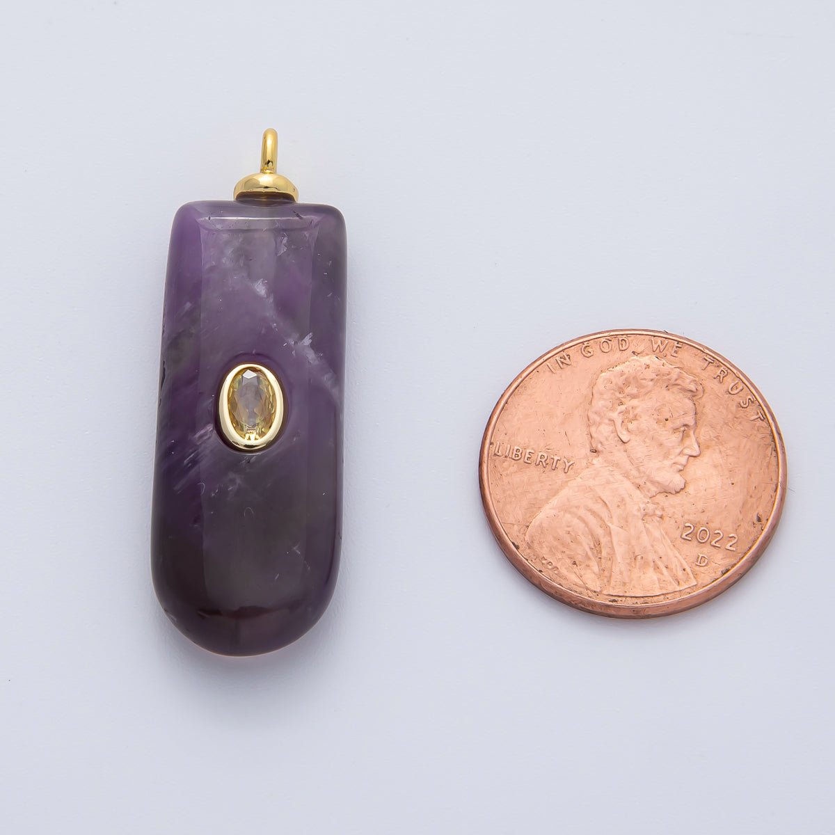 18K Gold Filled 35mm Ellipse Purple Amethyst with Clear CZ Natural Gemstone Pendant | AF1445 - DLUXCA
