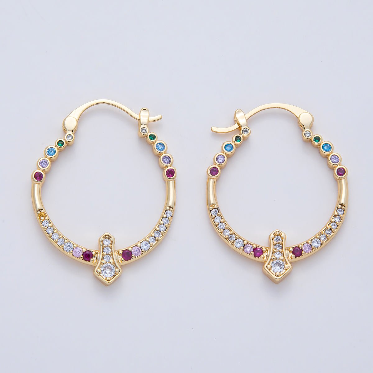 18K Gold Filled 35mm Multicolor Micro Paved CZ Geometric Latch Hoop Earrings | AD1656 - DLUXCA