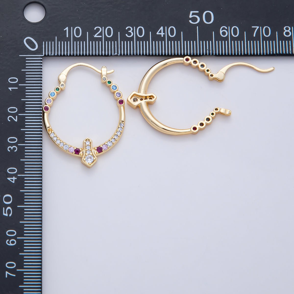 18K Gold Filled 35mm Multicolor Micro Paved CZ Geometric Latch Hoop Earrings | AD1656 - DLUXCA
