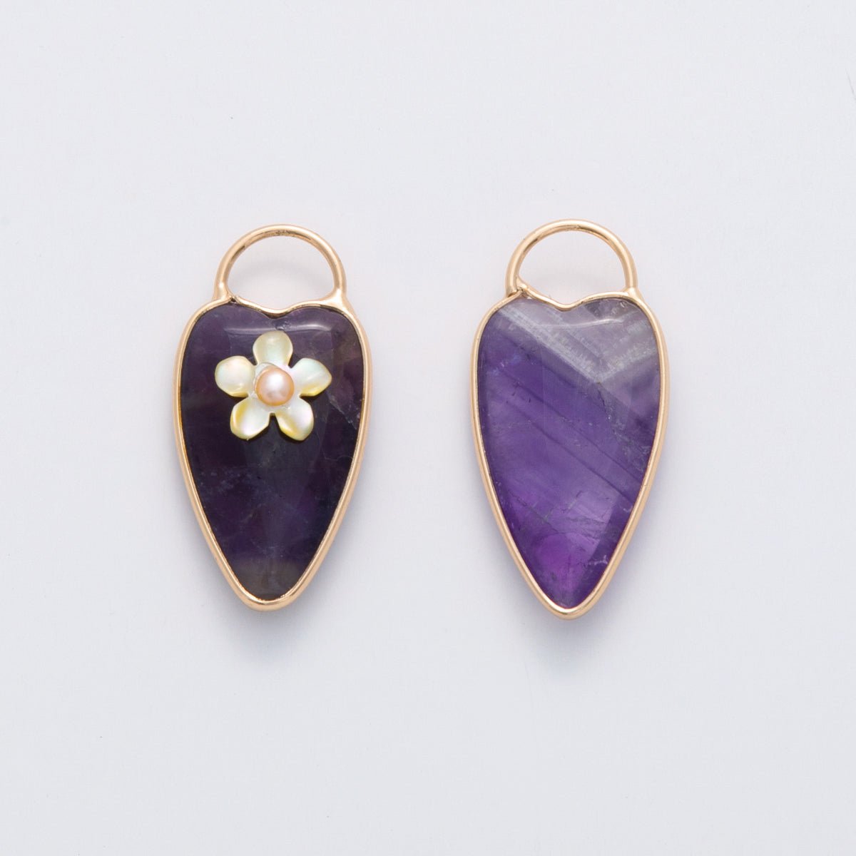 18K Gold Filled 35mm Pearl Flower Amethyst Heart Padlock Charm | D854 - DLUXCA