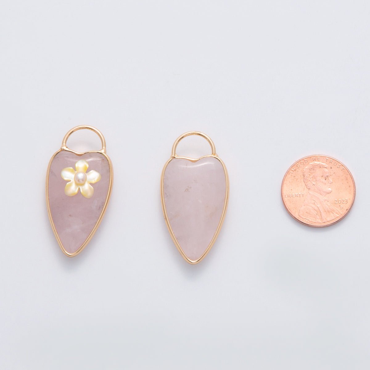 18K Gold Filled 35mm Pearl Flower Rose Quartz Heart Padlock Charm | D719 - DLUXCA