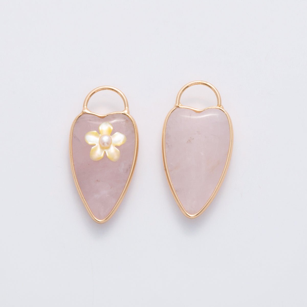 18K Gold Filled 35mm Pearl Flower Rose Quartz Heart Padlock Charm | D719 - DLUXCA