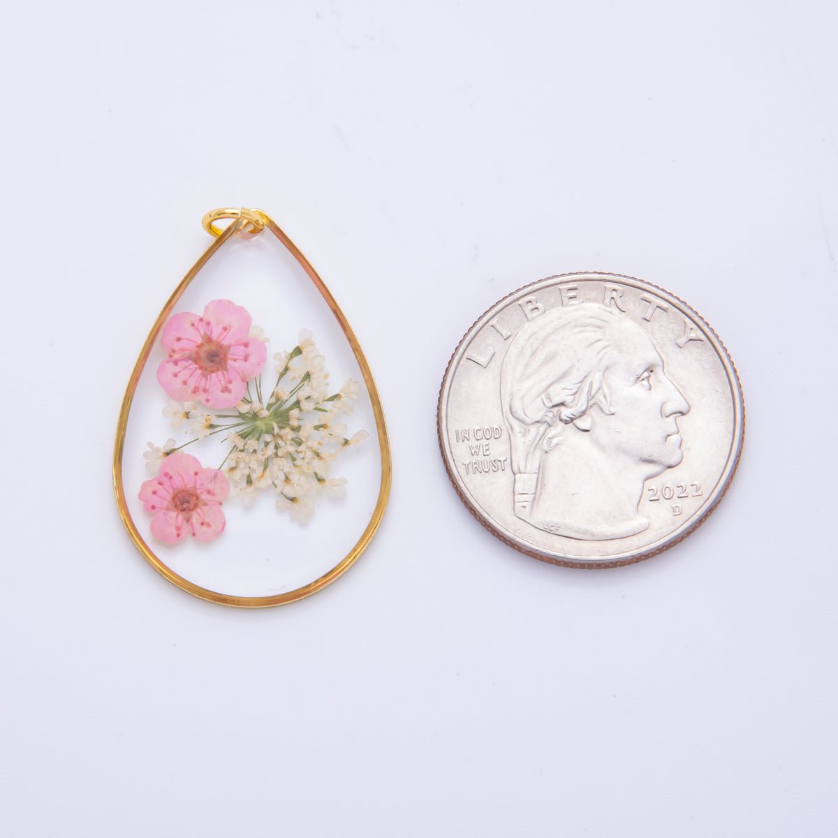 18K Gold Filled 35mm Resin Baby Pink Teardrop Sakura Flower Pendant | AH845 - DLUXCA