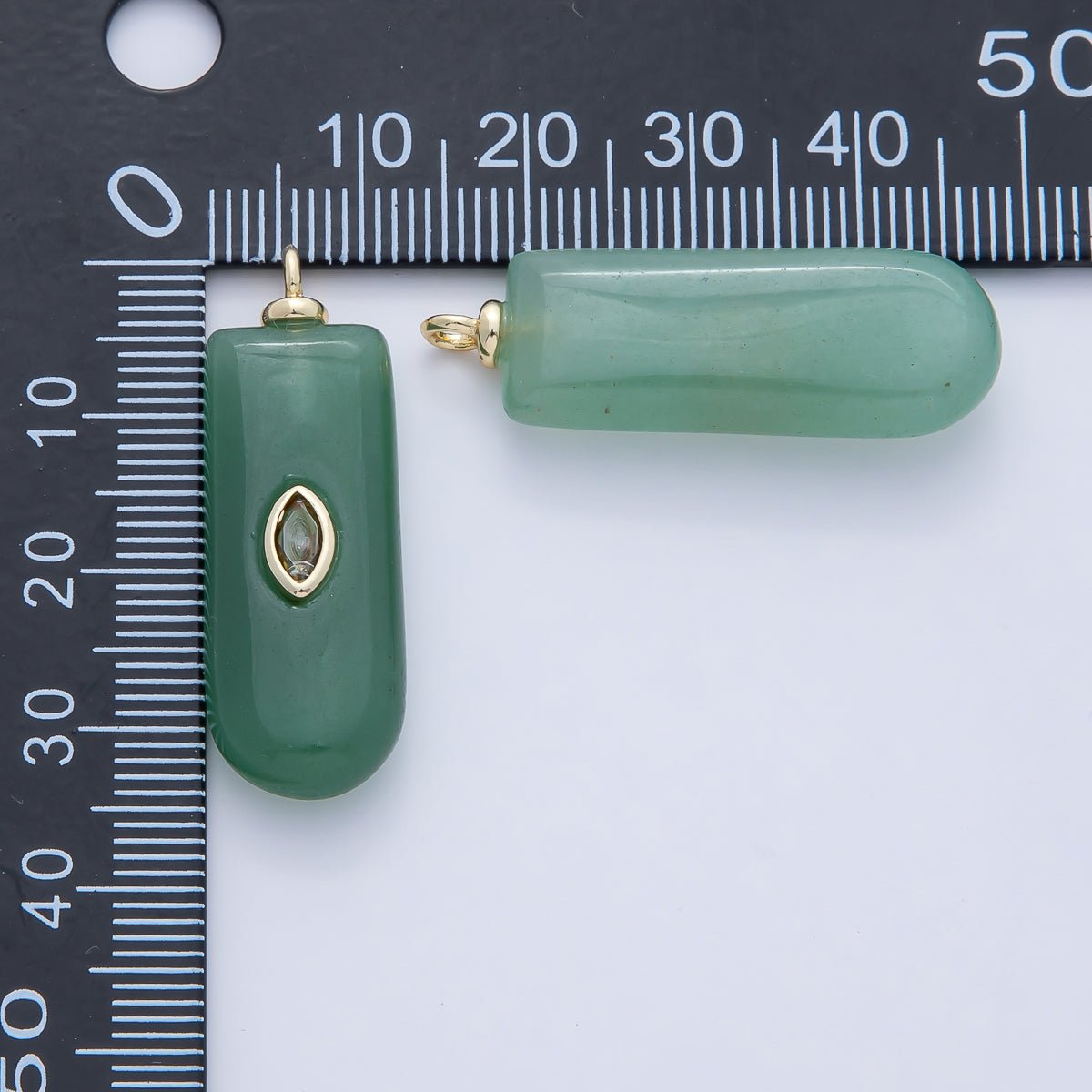 18K Gold Filled 35mm Yellow CZ Green Aventurine Oblong Tube Gemstone Charm | AF1470 - DLUXCA