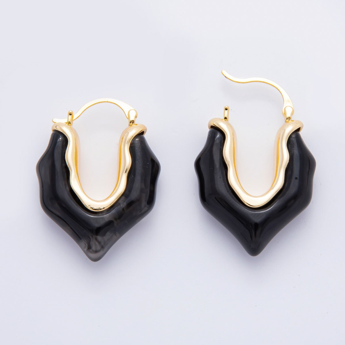 18K Gold Filled 36mm Black, Brown, White Resin Irregular V - Shaped Hoop Earrings | AJ258 - DLUXCA