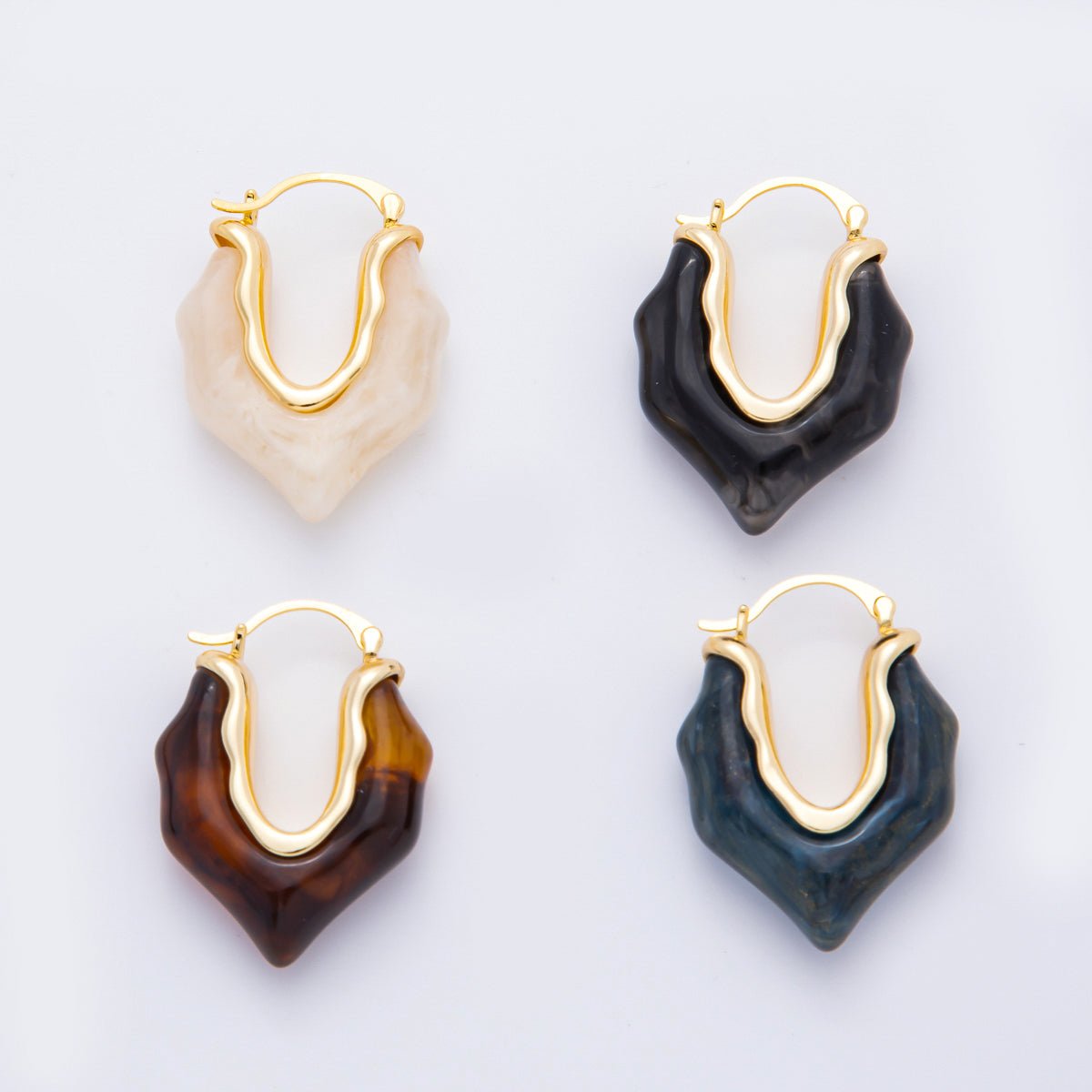 18K Gold Filled 36mm Black, Brown, White Resin Irregular V - Shaped Hoop Earrings | AJ258 - DLUXCA