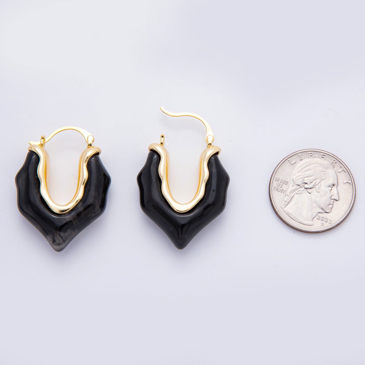 18K Gold Filled 36mm Black, Brown, White Resin Irregular V - Shaped Hoop Earrings | AJ258 - DLUXCA