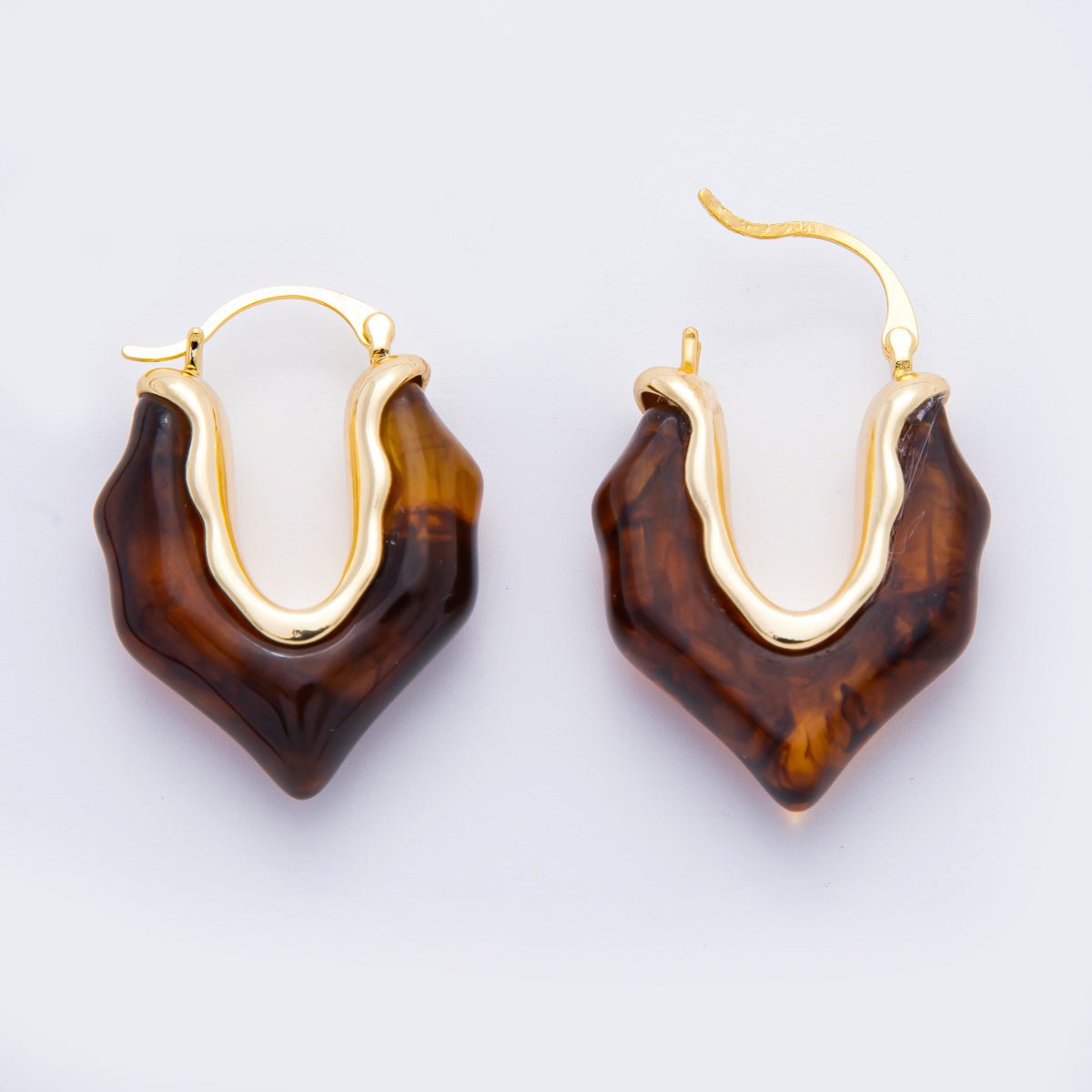 18K Gold Filled 36mm Black, Brown, White Resin Irregular V - Shaped Hoop Earrings | AJ258 - DLUXCA