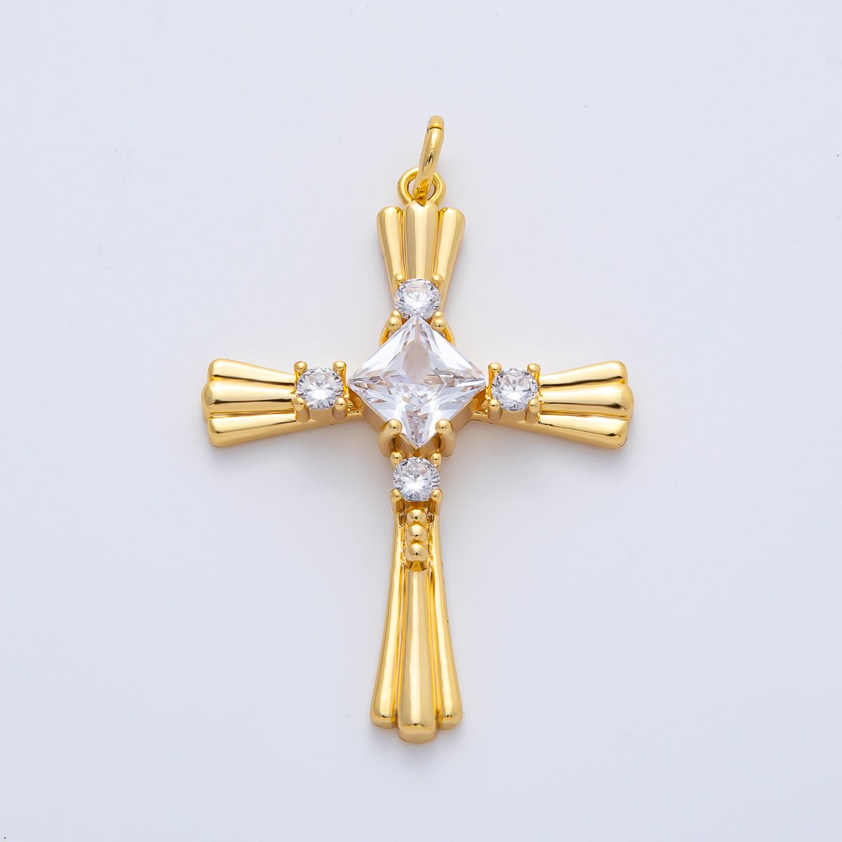 18K Gold Filled 36mm CZ Ribbed Lined Religious Cross Charm | AF1467 - DLUXCA