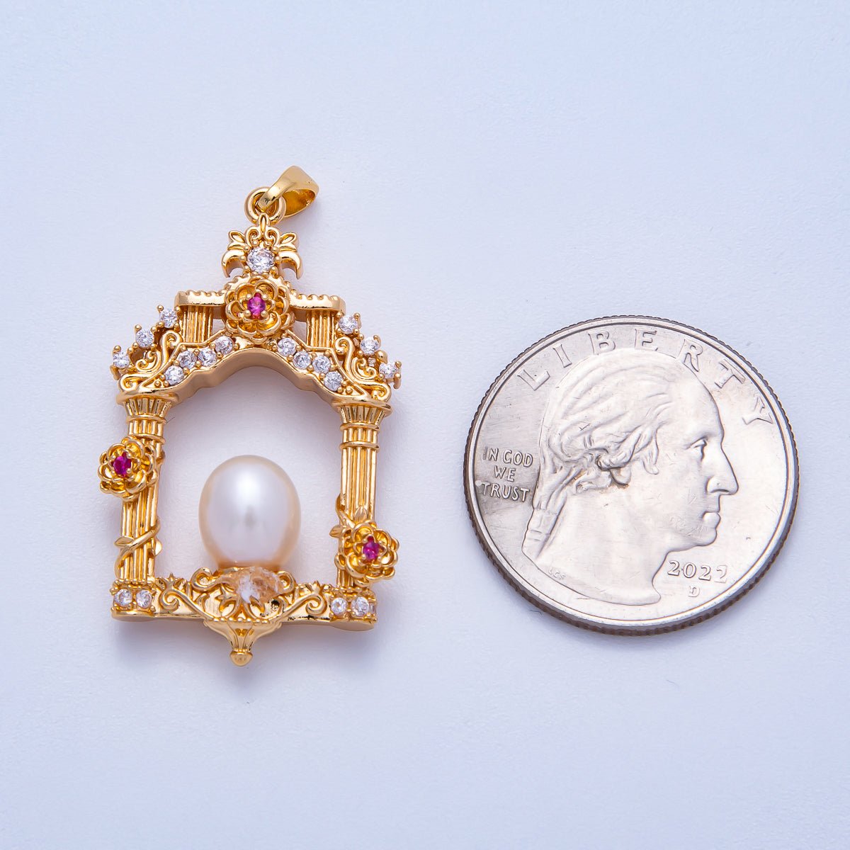 18K Gold Filled 36mm Micro Paved CZ Shell Pearl Artisan Palace Pendant in Gold & Silver | Charms - 00541 Charms - 00542 - DLUXCA