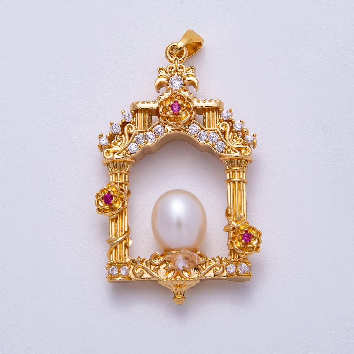 18K Gold Filled 36mm Micro Paved CZ Shell Pearl Artisan Palace Pendant in Gold & Silver | Charms - 00541 Charms - 00542 - DLUXCA
