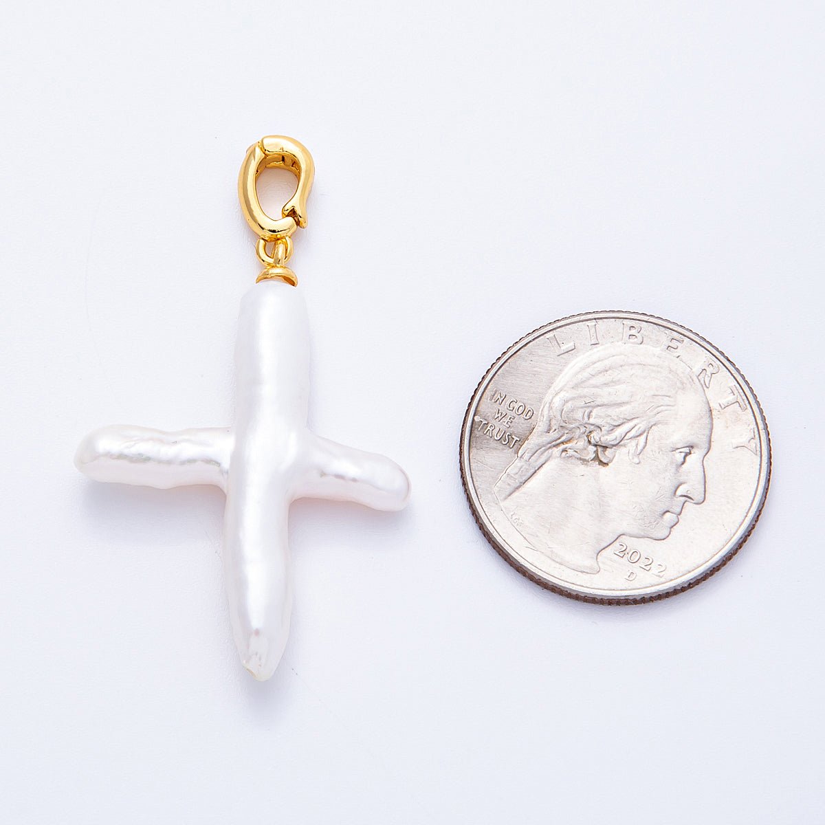 18K Gold Filled 37mm Shell Pearl Cross Religious Snap Clasps Drop Pendant | Charms - 00171 - DLUXCA