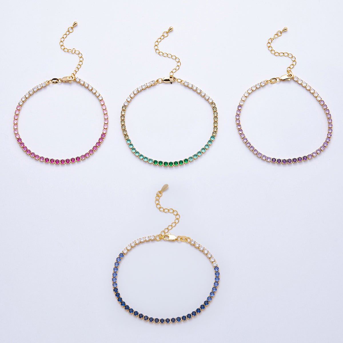 18K Gold Filled 3mm Purple, Green, Pink, Blue CZ Gradient Tennis Chain 7.87 Inch Bracelet w. Extender | WA - 04222 - DLUXCA