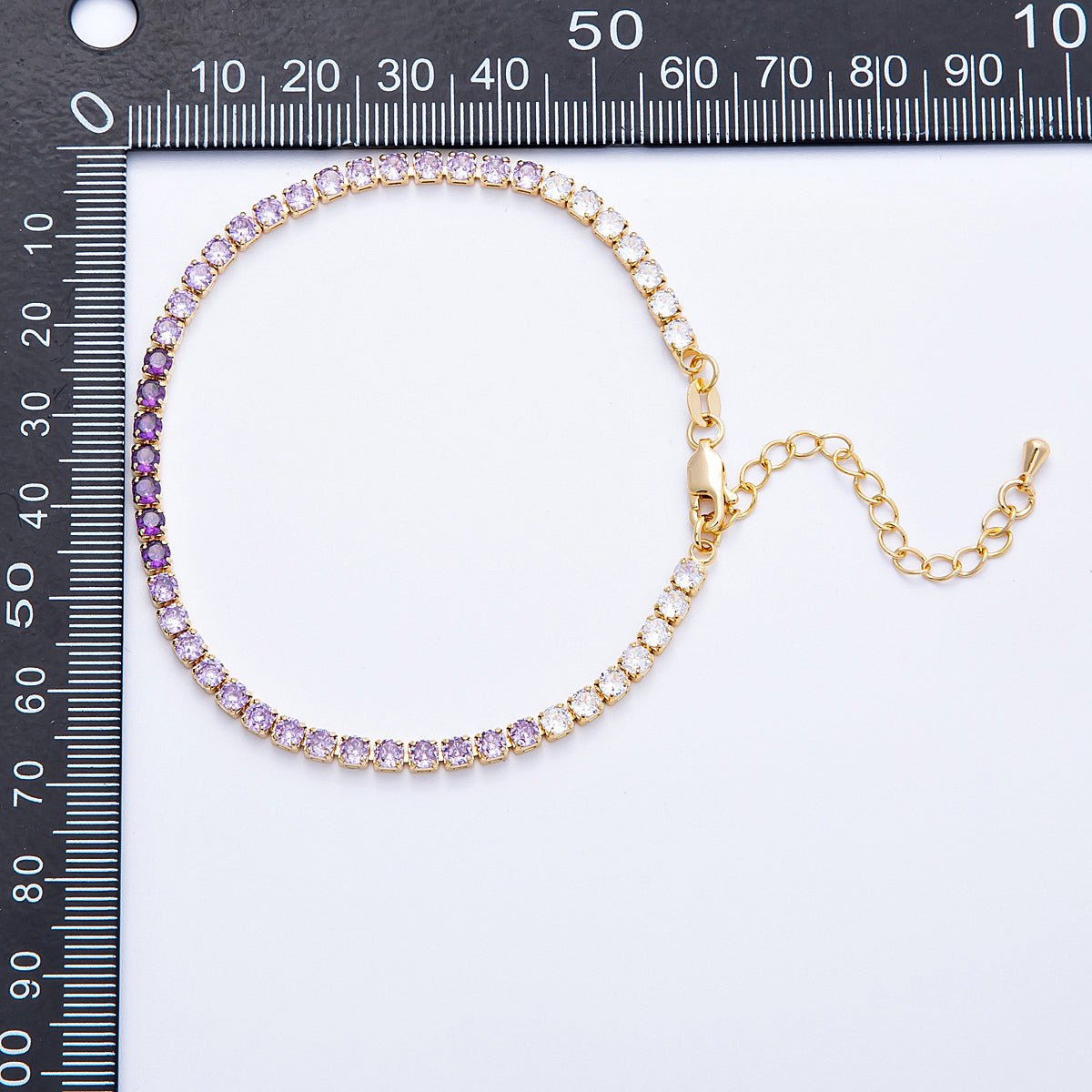 18K Gold Filled 3mm Purple, Green, Pink, Blue CZ Gradient Tennis Chain 7.87 Inch Bracelet w. Extender | WA - 04222 - DLUXCA