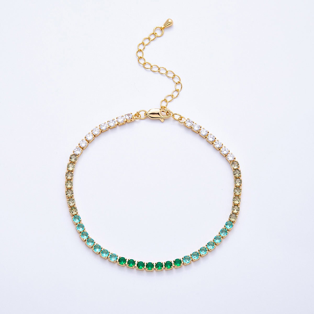 18K Gold Filled 3mm Purple, Green, Pink, Blue CZ Gradient Tennis Chain 7.87 Inch Bracelet w. Extender | WA - 04222 - DLUXCA