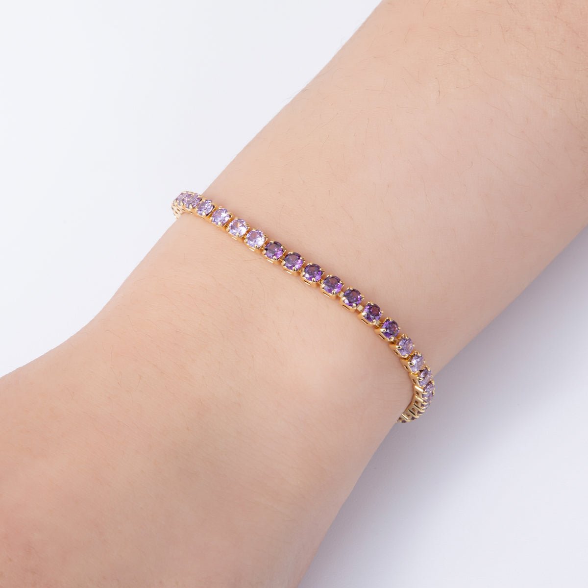 18K Gold Filled 3mm Purple, Green, Pink, Blue CZ Gradient Tennis Chain 7.87 Inch Bracelet w. Extender | WA - 04222 - DLUXCA