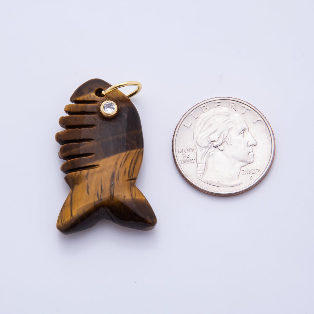 18K Gold Filled 40.5mm Tiger Stone, Obsidian, Quartz Fish Gill Gemstone Charm | AH884 - AH885 - DLUXCA