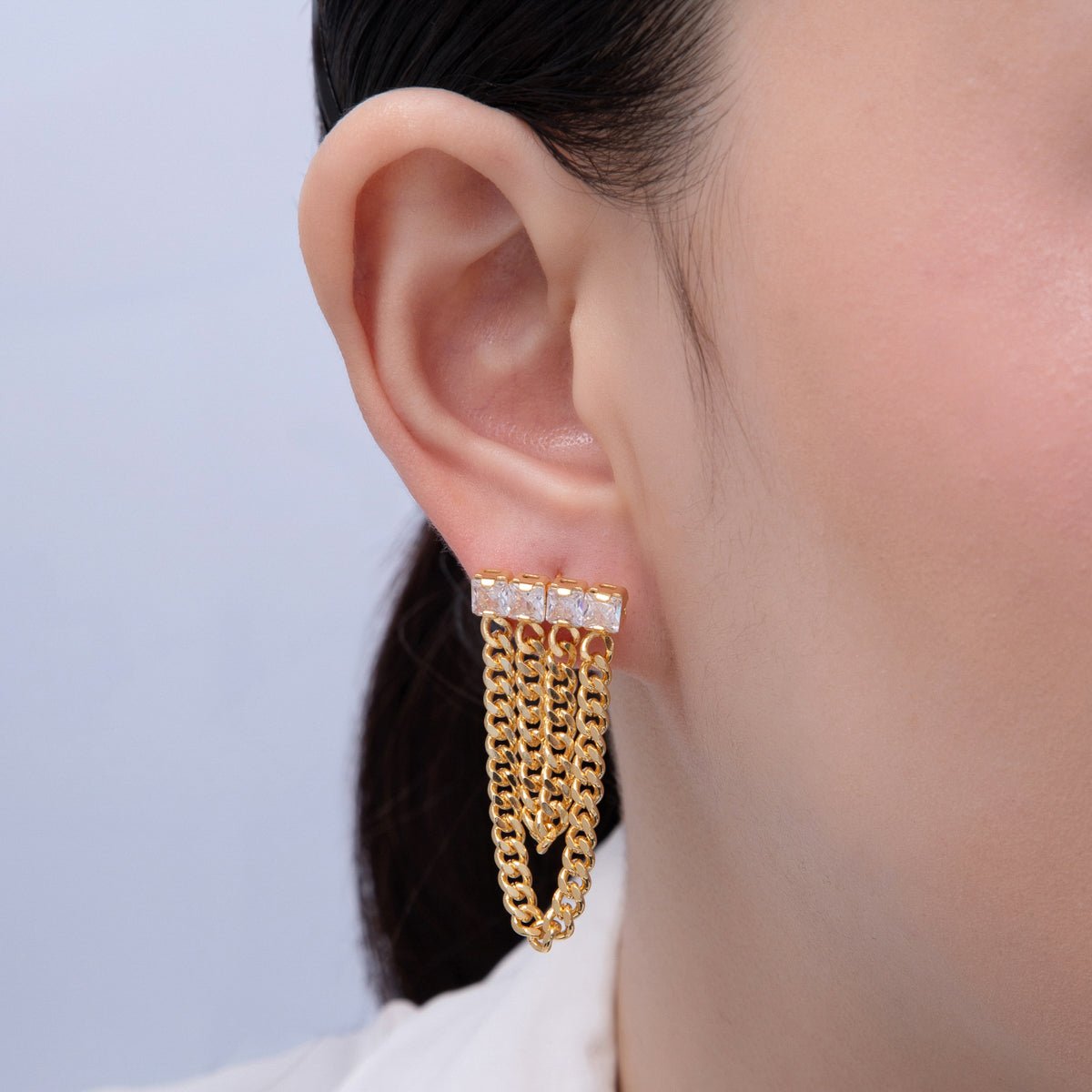 18K Gold Filled 40mm Clear Baguette CZ Curb Chain Drop Stud Earrings | T119 - DLUXCA