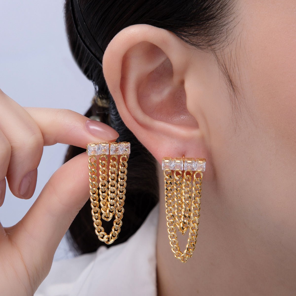 18K Gold Filled 40mm Clear Baguette CZ Curb Chain Drop Stud Earrings | T119 - DLUXCA