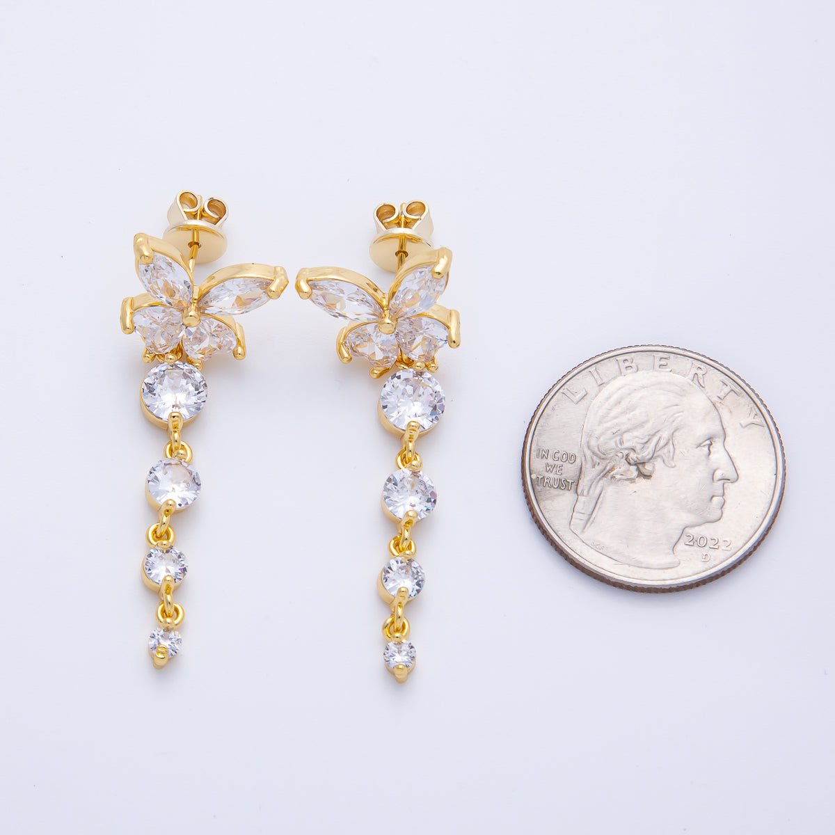 18K Gold Filled 42.5mm Clear CZ Butterfly Drop Stud Earrings | Earrings - 00047 - DLUXCA