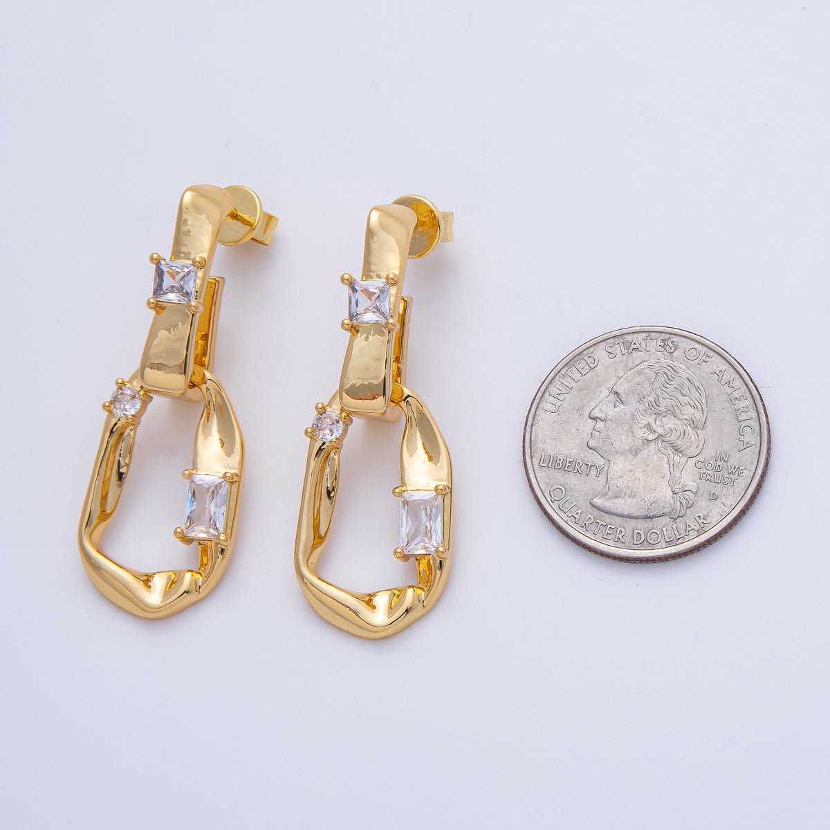 18K Gold Filled 42mm Clear Baguette Hammered Geometric Rectangular Drop Stud Earrings | T490 - DLUXCA