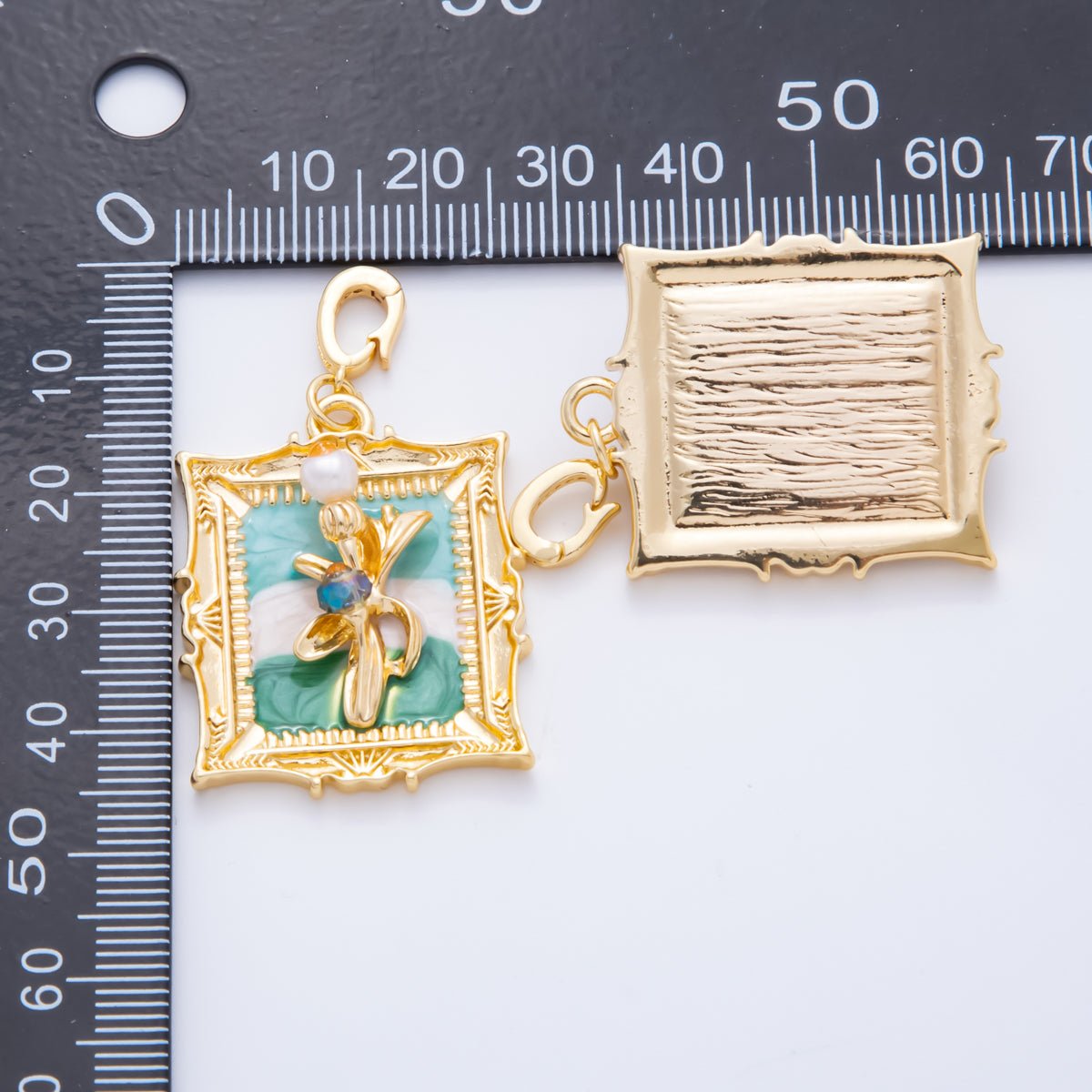 18K Gold Filled 45.5mm Round CZ Enamel Art Artsy Framed Flower Pendant | AH - 814 - DLUXCA