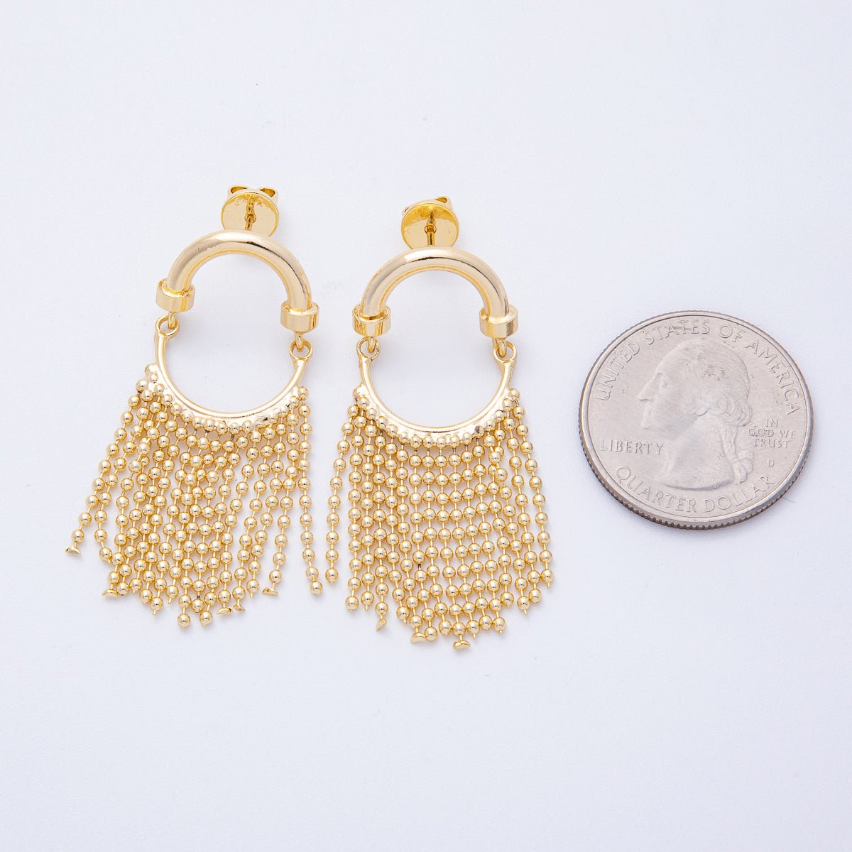 18K Gold Filled 45mm Bead Ball Chain Tassel Geometric Drop Stud Earrings | T066 - DLUXCA