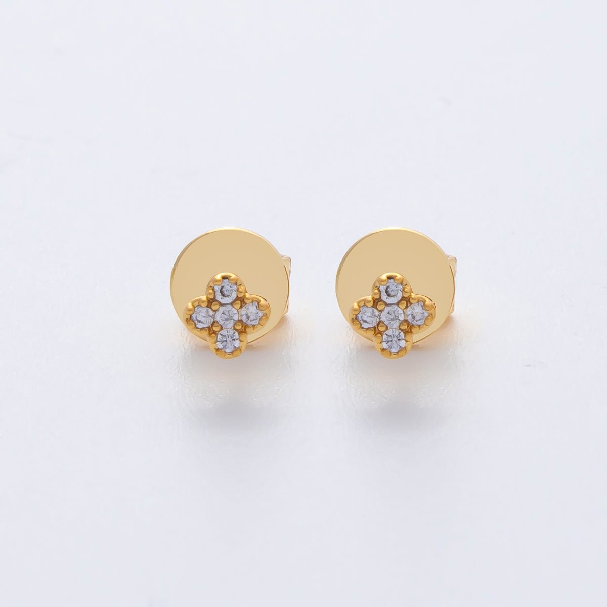 18K Gold Filled 4.5mm Clear CZ Quatrefoil Dainty Stud Earrings | AD1625 - DLUXCA
