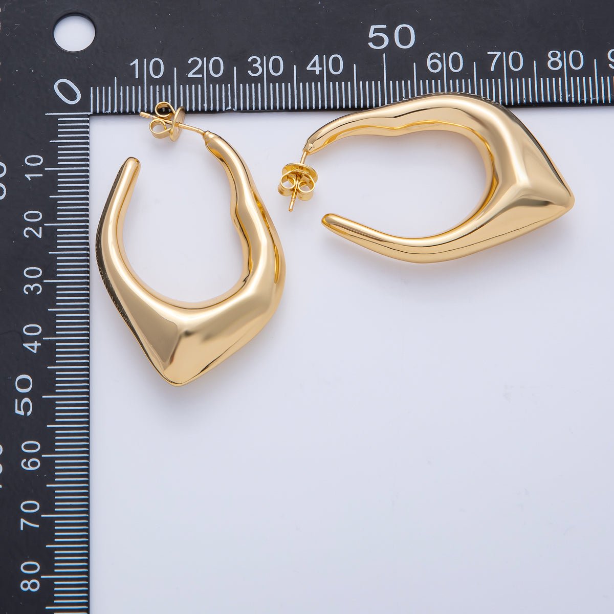 18K Gold Filled 45mm Hammered Geometric J - Shaped Hoop Earrings | T496 - DLUXCA