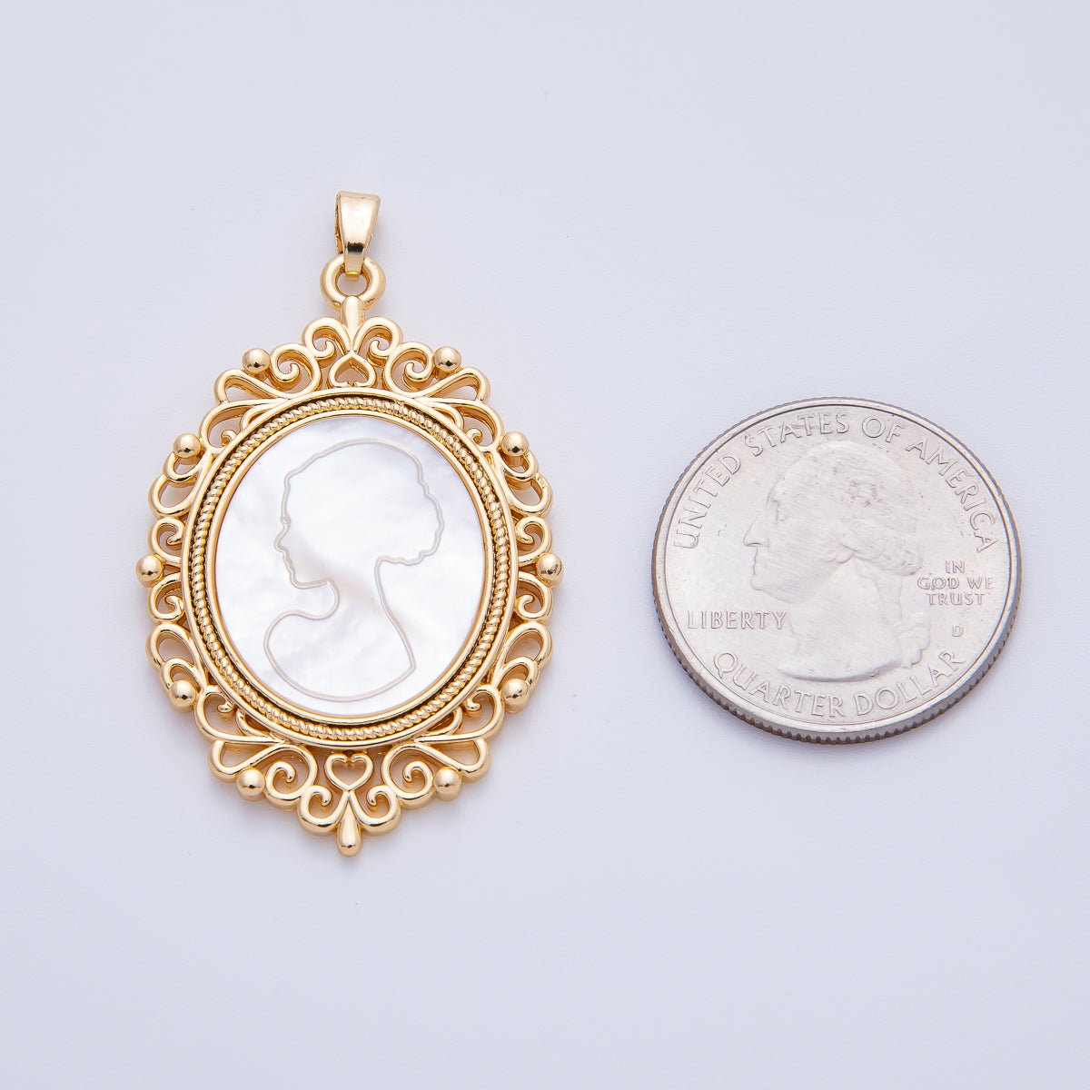 18K Gold Filled 46mm Butterfly Shell Vintage Mirror Lady Silhouette Drop Pendant | AF1144 - DLUXCA