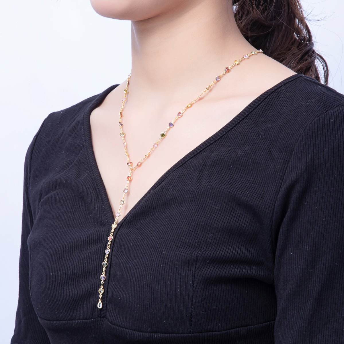 18K Gold Filled 4.6mm Multicolor CZ Bezel Heart Lariat Chain 18 Inch Necklace | WA - 3967 - DLUXCA