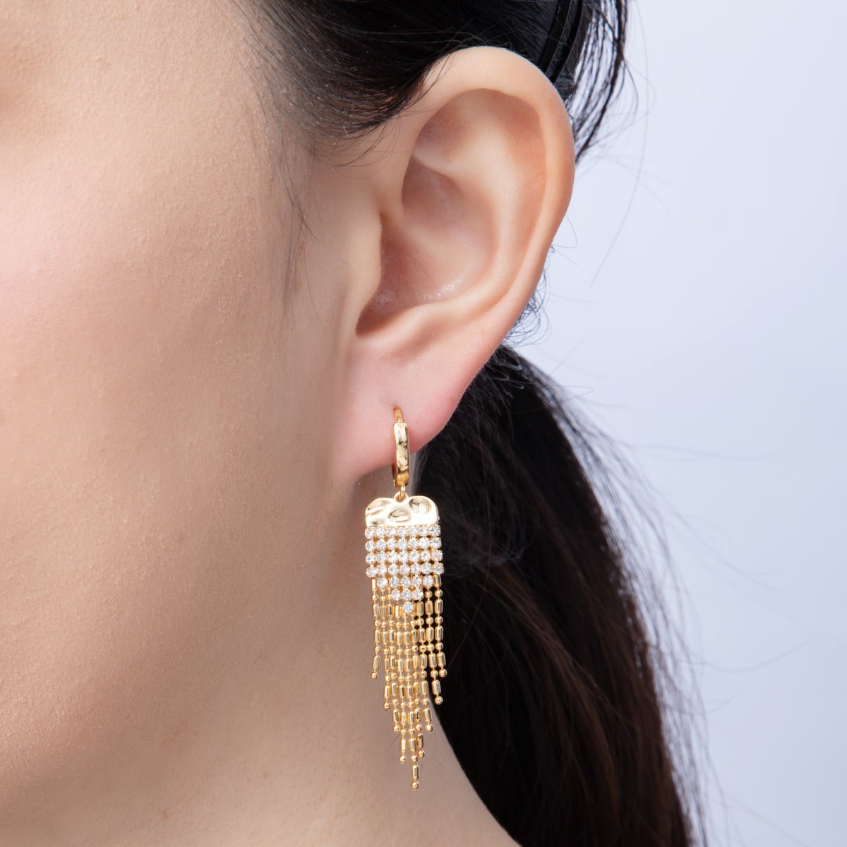 18K Gold Filled 47mm Clear CZ Tennis Bead Tube Chain Drop Huggie Earrings | T485 - DLUXCA