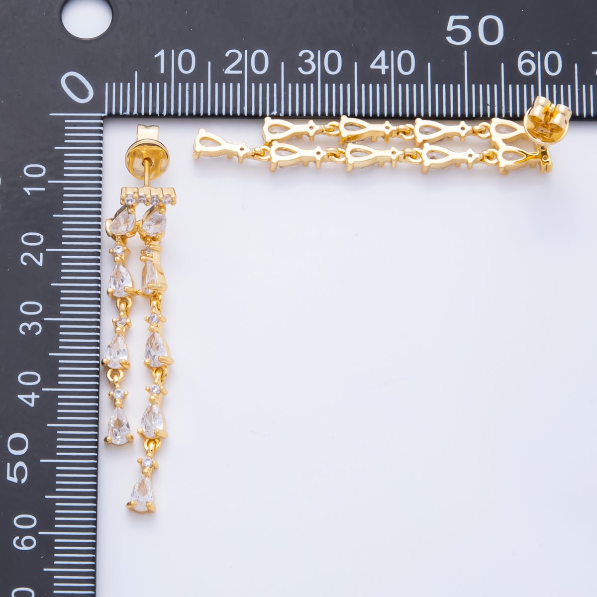 18K Gold Filled 48.5mm Double Clear CZ Teardrop Linear Drop Stud Earrings | AJ277 - DLUXCA