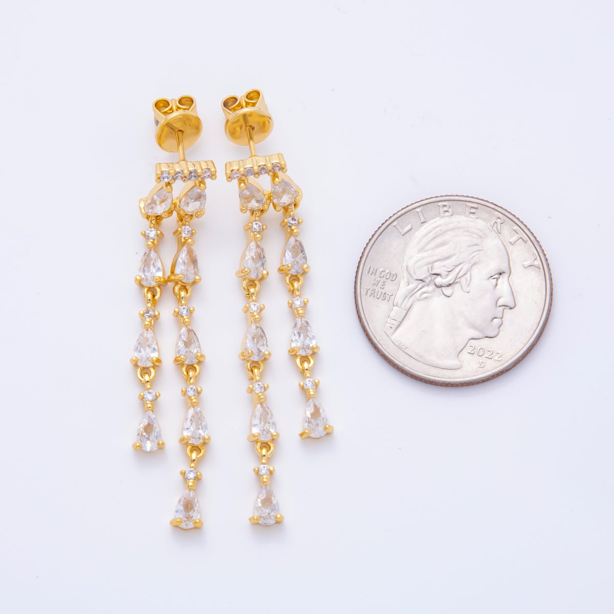 18K Gold Filled 48.5mm Double Clear CZ Teardrop Linear Drop Stud Earrings | AJ277 - DLUXCA
