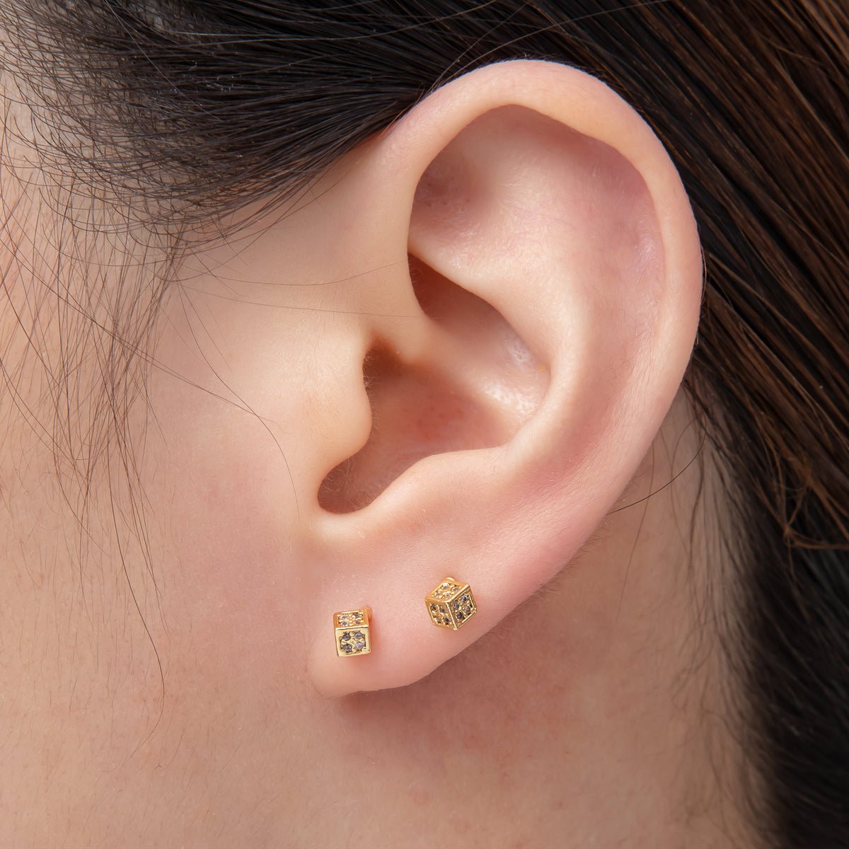 18K Gold Filled 4mm Micro Paved CZ Realistic 3D Cube Studs Earrings | AD1578 - DLUXCA