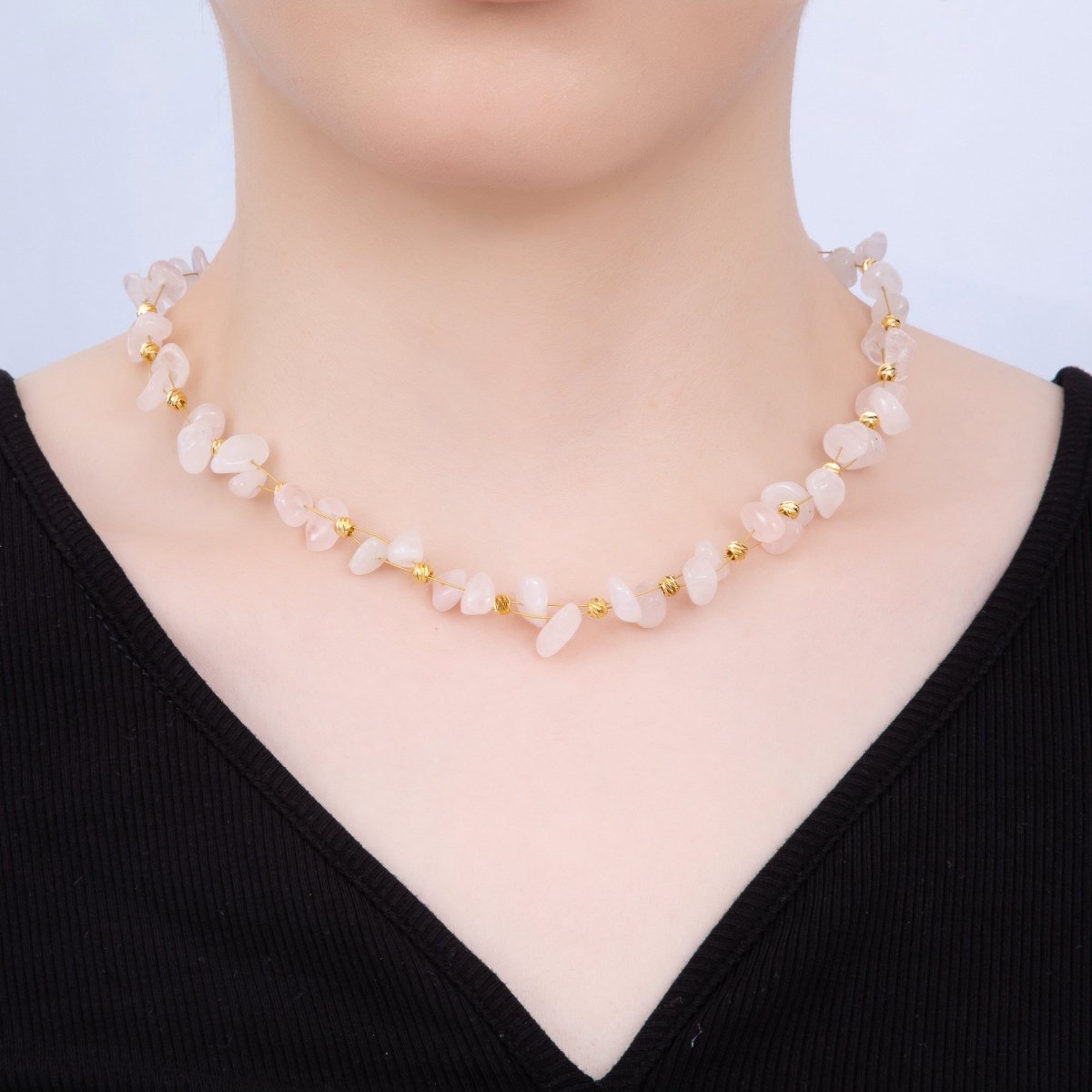 18K Gold Filled 4mm Pebble Chip Natural Gemstone Ball Bead Chain 17 Inch Necklace w. Extender | WA - 04413 ~ WA - 04416 - DLUXCA
