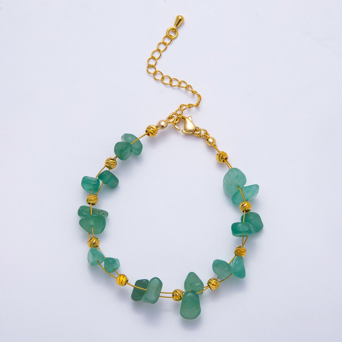 18K Gold Filled 4mm Pebble Chip Natural Gemstone Ball Bead Chain 7 Inch Bracelet w. Extender | WA - 04417 ~ WA - 04420 - DLUXCA