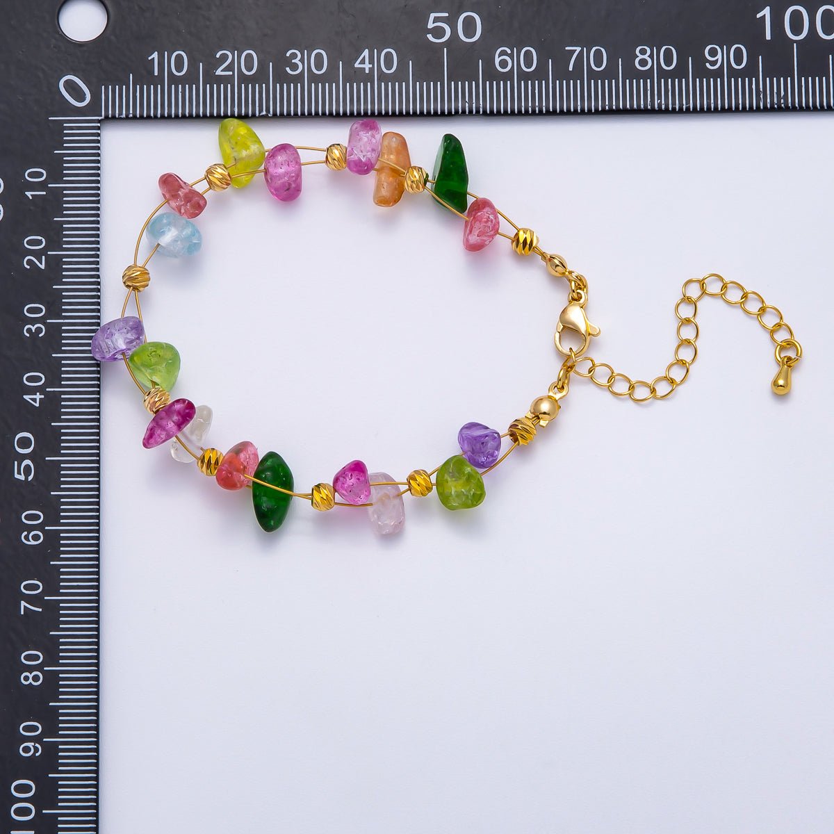 18K Gold Filled 4mm Pebble Chip Natural Gemstone Ball Bead Chain 7 Inch Bracelet w. Extender | WA - 04417 ~ WA - 04420 - DLUXCA