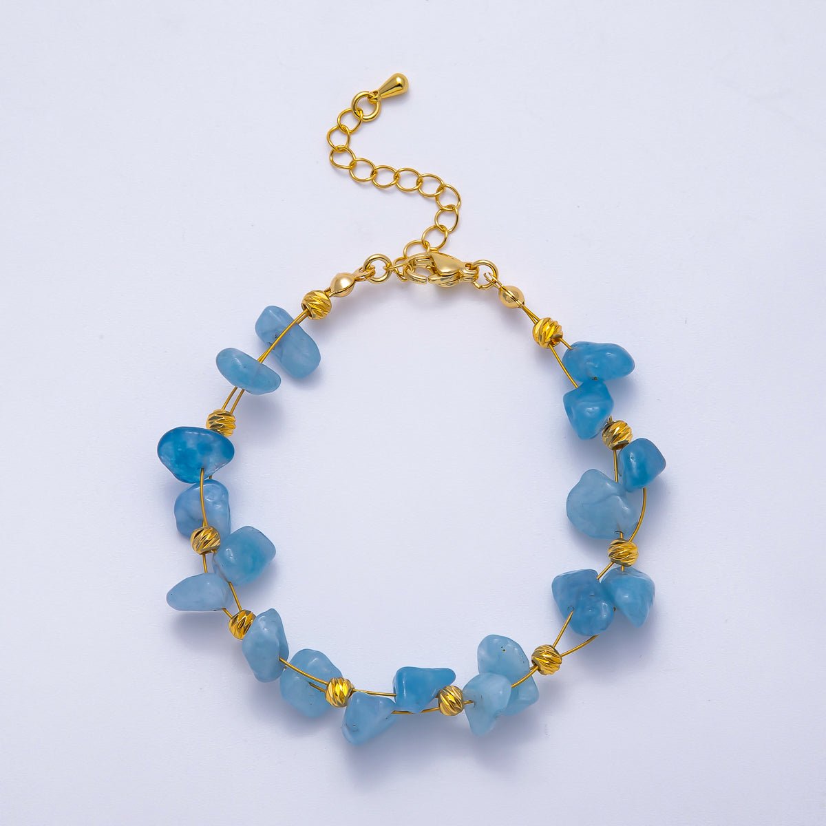 18K Gold Filled 4mm Pebble Chip Natural Gemstone Ball Bead Chain 7 Inch Bracelet w. Extender | WA - 04417 ~ WA - 04420 - DLUXCA