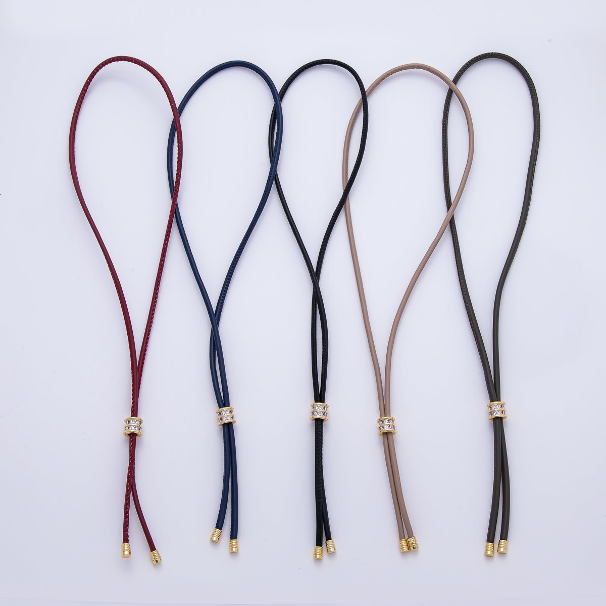 18K Gold Filled 4mm Red, Khaki, Brown Leather Bolo Chain w. Rectangular CZ 25.98 Inch Necklace | WA - 256 WA - 266 WA - 375 WA - 1661 WA - 1669 WA - 2048 - DLUXCA