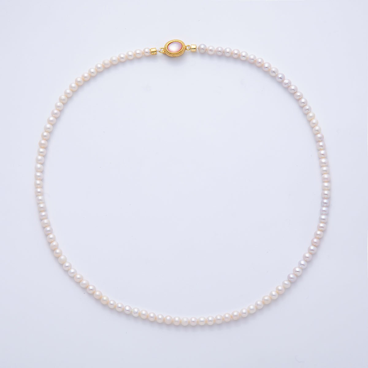 18K Gold Filled 4mm White Shell Pearl Round Oval Push Needle Closure 16 Inch Choker Necklace | WA - 4075 - DLUXCA
