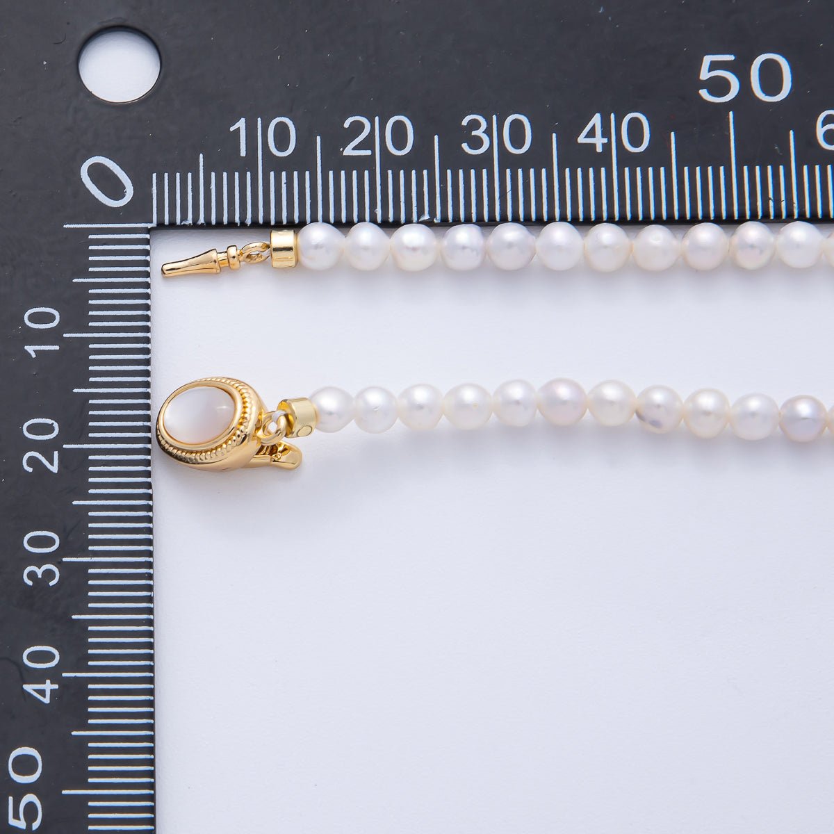 18K Gold Filled 4mm White Shell Pearl Round Oval Push Needle Closure 16 Inch Choker Necklace | WA - 4075 - DLUXCA
