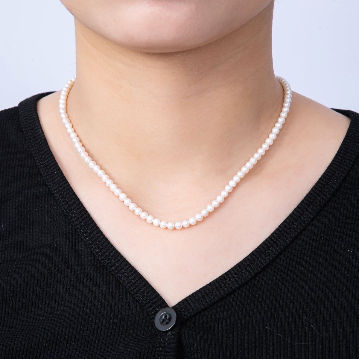 18K Gold Filled 4mm White Shell Pearl Round Oval Push Needle Closure 16 Inch Choker Necklace | WA - 4075 - DLUXCA