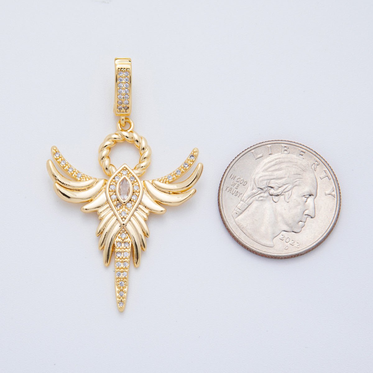 18K Gold Filled 50mm Micro Paved CZ Heavenly Phoenix Guardian Angel Pendant | AF - A1111 - DLUXCA